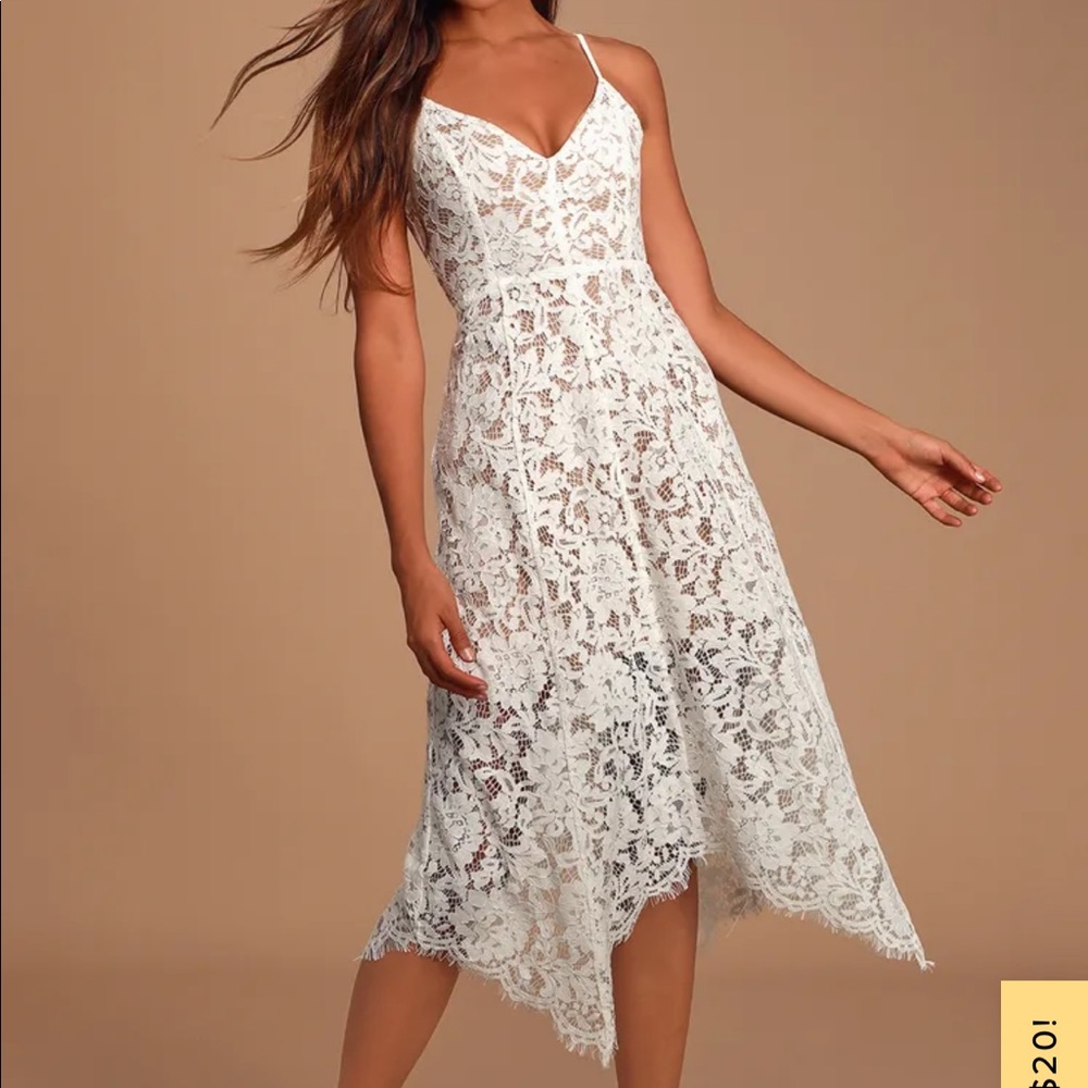Lulu’s One Wish White Lace Midi Dress
